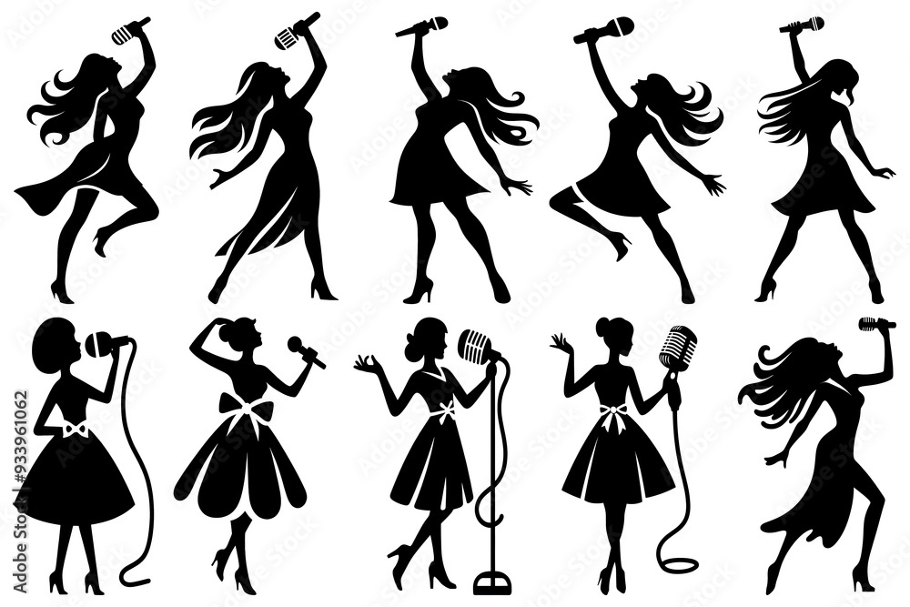 Obraz premium Stylish female silhouettes performing with microphones. singing dancing various poses sketch. collection music concerts entertainment clip art. woman showcasing style and grace for audience.