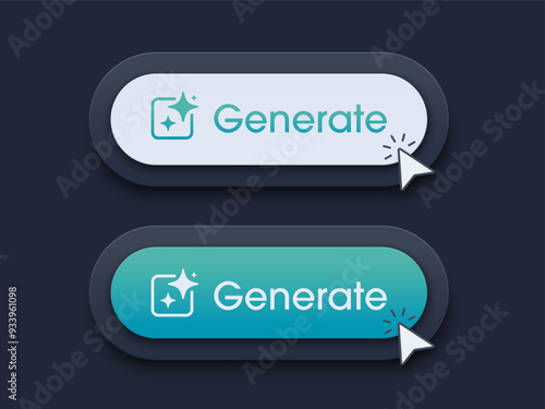 Modern AI generative button. AI is entered by a command prompt to generate ideas. Generatepress button in trendy neumorphic style for Apps, websites, interfaces. UI UX elements. Vector illustration.