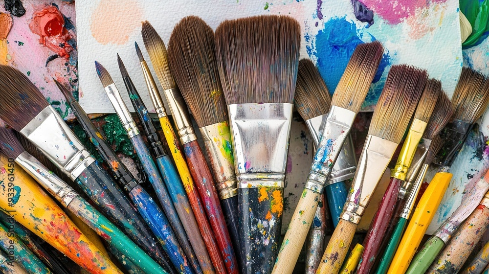 Fototapeta premium Artistic tools spread across a colorful palette in a creative workspace showcasing various paintbrushes arranged for painting activities