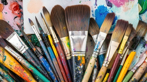 Artistic tools spread across a colorful palette in a creative workspace showcasing various paintbrushes arranged for painting activities