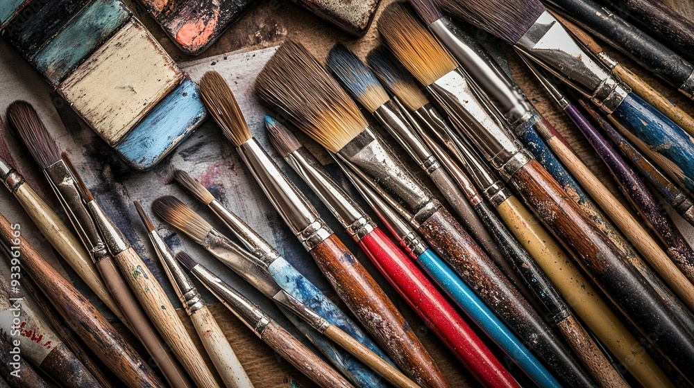 Artistic tools and paintbrushes arranged on a wooden surface, showcasing various sizes and used colors, reflecting a creative workspace late in the day Artistic tools and paintbrushes arranged on a wooden surface, showcasing various sizes and used colors, reflecting a creative workspace late in the day