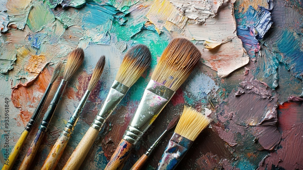 Fototapeta premium Colorful array of artist paintbrushes resting on a vibrant palette of mixed acrylic paints during an inspiring afternoon art session in a bright studio environment