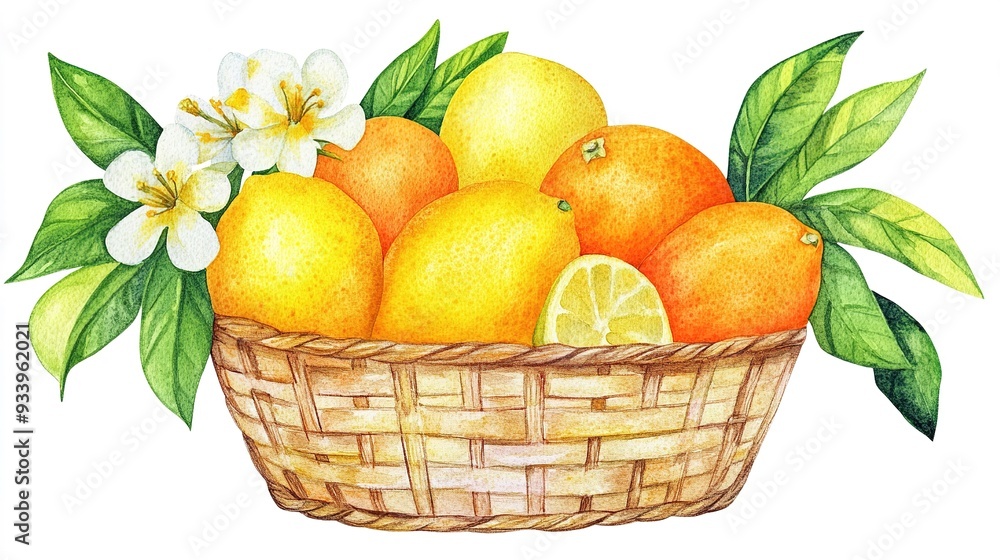 A vibrant basket filled with fresh lemons and oranges, adorned with delicate white blossoms, showcasing the beauty of citrus fruits in a natural arrangement A vibrant basket filled with fresh lemons and oranges, adorned with delicate white blossoms, showcasing the beauty of citrus fruits in a natural arrangement