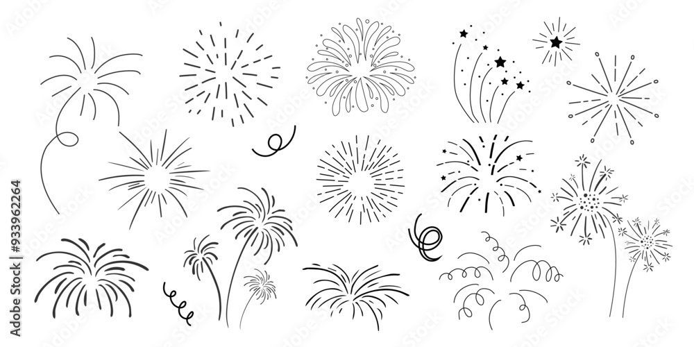 Set fireworks doodle line explosion radial sparkler with rays, hand drawn firecrackers simple and round decoration isolated on white background. Set fireworks doodle line explosion radial sparkler with rays, hand drawn firecrackers simple and round decoration isolated on white background.