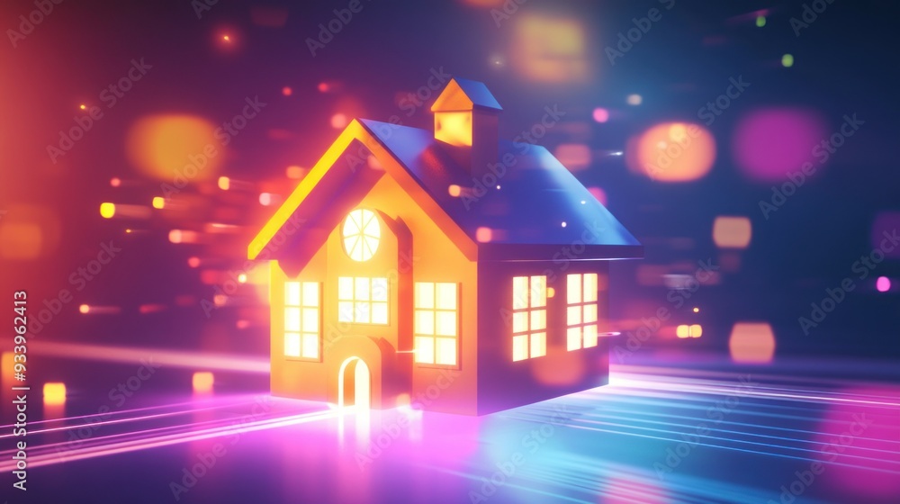 Illuminated 3D House Model with Neon Lights and Bokeh Illuminated 3D House Model with Neon Lights and Bokeh