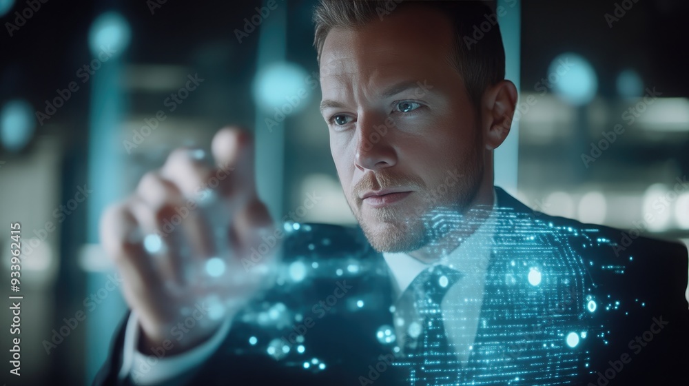 Innovative Businessman Utilizing Futuristic Holographic Tech Innovative Businessman Utilizing Futuristic Holographic Tech