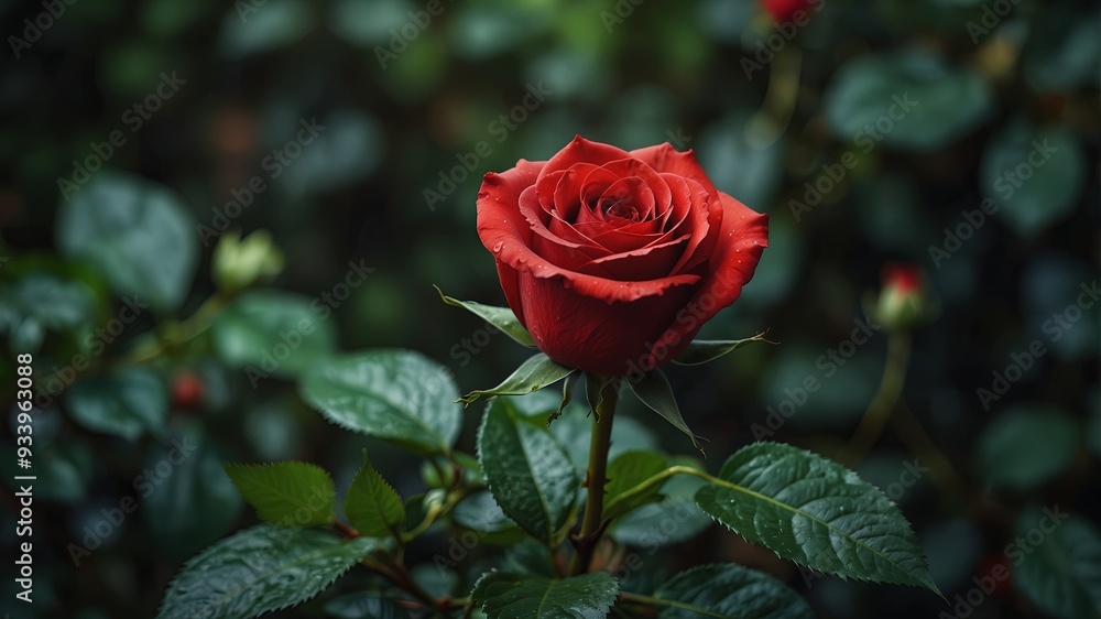 Single red rose surrounded by lush green leaves. Single red rose surrounded by lush green leaves.