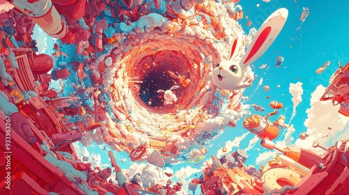Whimsical Descent into a Rabbit Hole, a vibrant cartoon-style illustration filled with various objects swirling in a fantastical journey through a magical realm