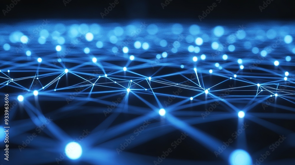 A close-up view of a blue digital network with glowing nodes showcasing connections and pathways in a dark environment at night A close-up view of a blue digital network with glowing nodes showcasing connections and pathways in a dark environment at night