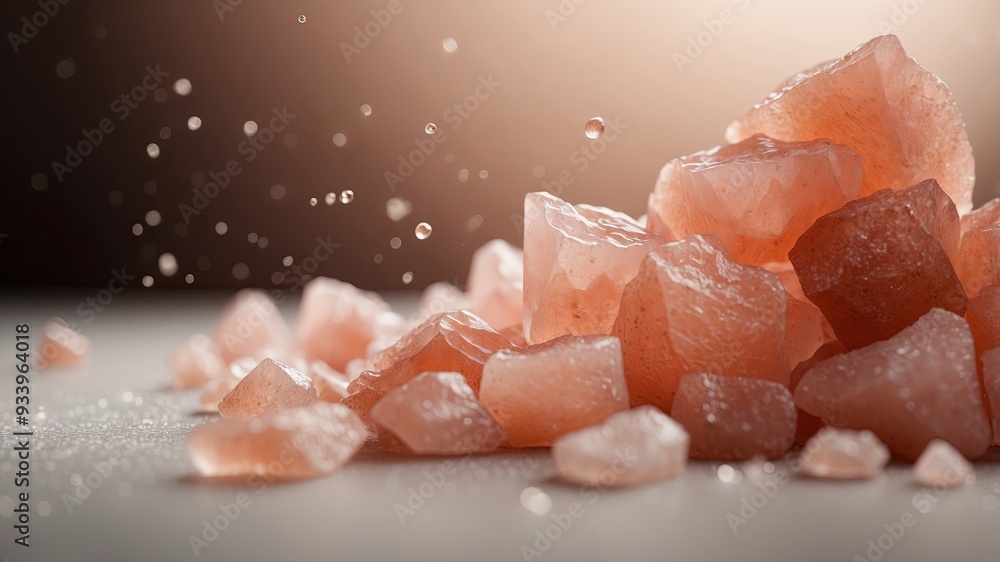 Himalayan pink salt crystals spilled on a white surface. Himalayan pink salt crystals spilled on a white surface.