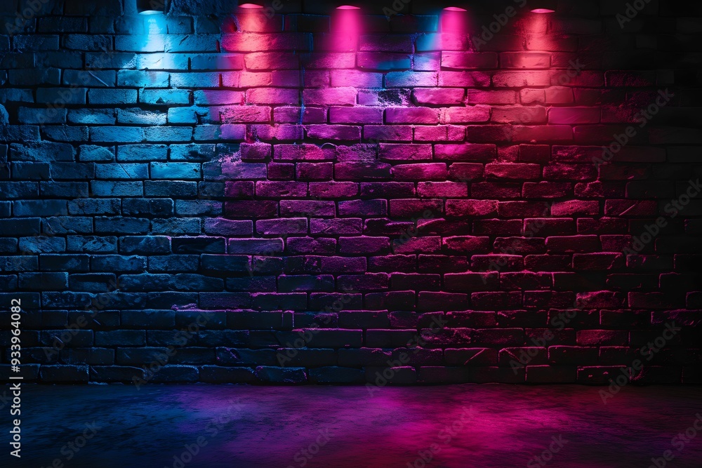 Rays neon light on neon brick wall. Empty scene. Cyberpunk background with copy space. Rays neon light on neon brick wall. Empty scene. Cyberpunk background with copy space.