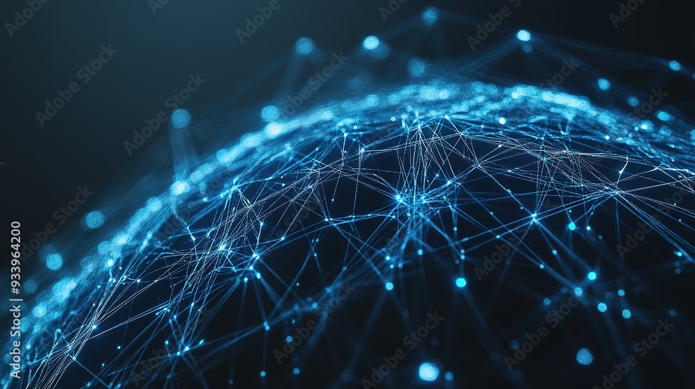 A close-up view of interconnected blue digital nodes and lines forming a global network against a dark background highlighting communication technology and data transfer A close-up view of interconnected blue digital nodes and lines forming a global network against a dark background highlighting communication technology and data transfer