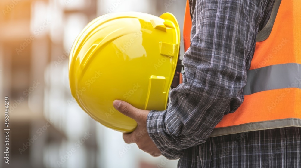 Portrait of Construction worker holding yellow helmet close up Portrait of Construction worker holding yellow helmet close up