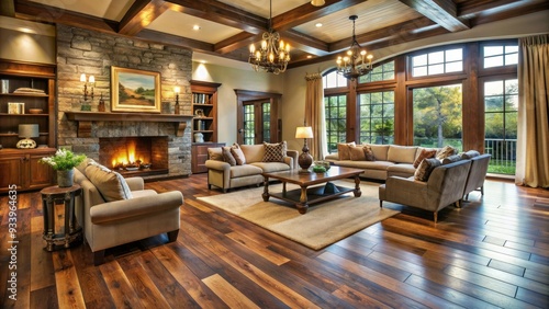 Warm and inviting, a spacious room features richly stained oak flooring, subtly distressed to evoke a sense of rustic elegance and timeless sophistication. photo