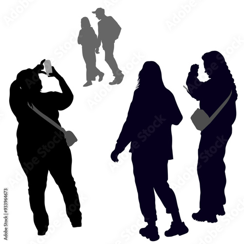 Vector silhouettes of young people. Three girls view from the back taking pictures on the phone. The guy and the girl are leaving