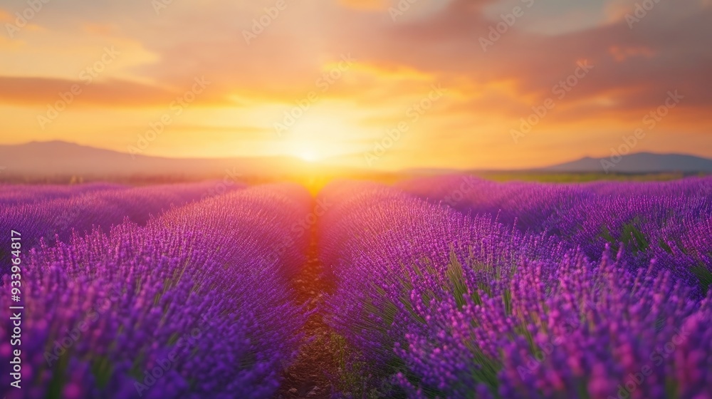 Fototapeta premium Sunset Serenity in a Lavender Field Panorama