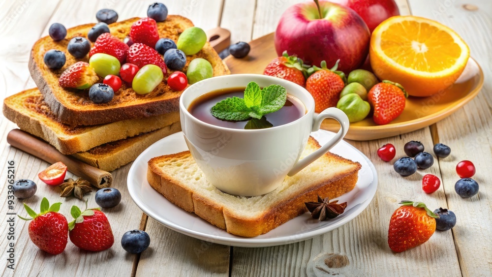 Warm and inviting morning scene with freshly brewed coffee, crispy toast, and vibrant fresh fruits against a soft, creamy white background. Warm and inviting morning scene with freshly brewed coffee, crispy toast, and vibrant fresh fruits against a soft, creamy white background.