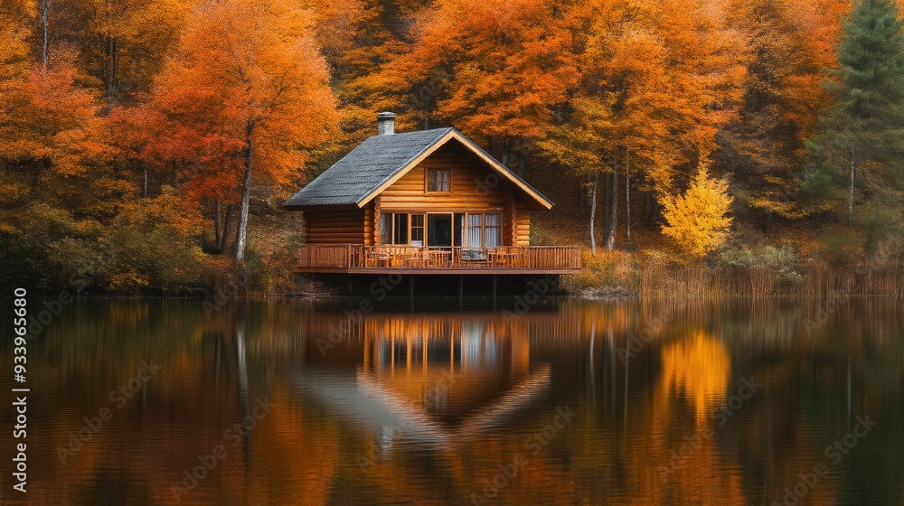 Tranquil Lakeside Cabin with Fall Reflections Tranquil Lakeside Cabin with Fall Reflections