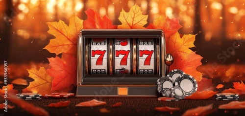 Autumn Jackpot A closeup perspective of a vintage slot machine with a 777 win surrounded by autumn leaves and casino chips on a brown background
