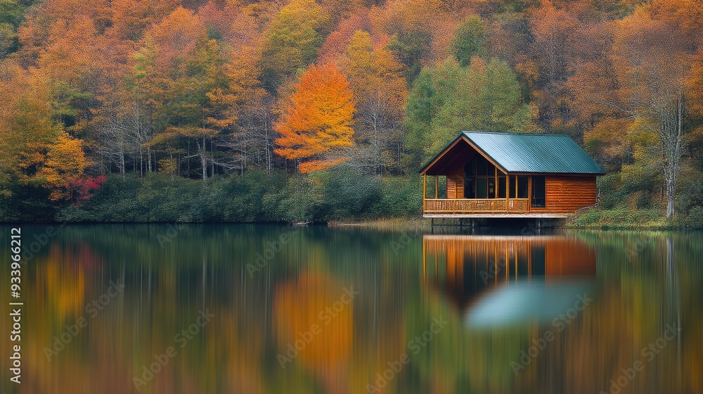 Lakeside Cabin in Autumn Splendor with Mirror Reflection Lakeside Cabin in Autumn Splendor with Mirror Reflection