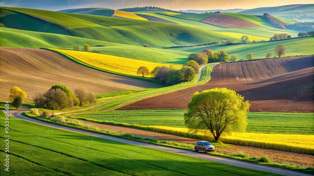 Fototapeta premium rural-landscape-with-car-and-agricultural-fields