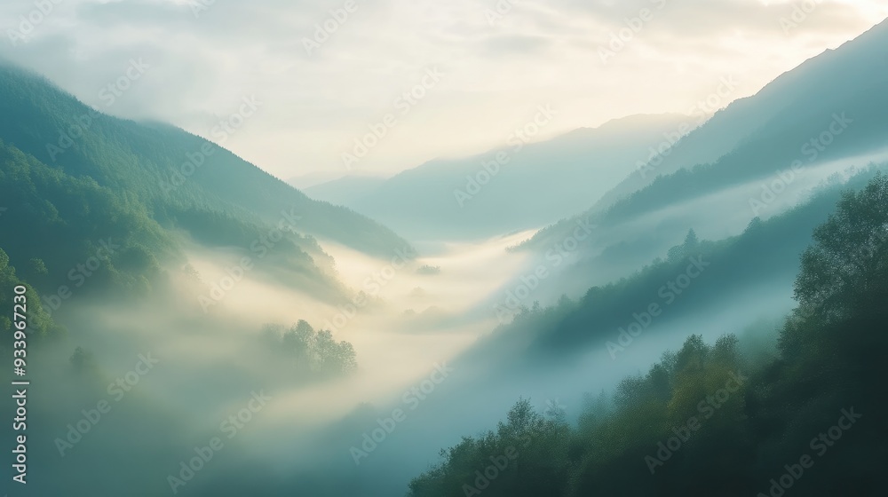 Naklejka premium Tranquil Sunrise in the Misty Highlands