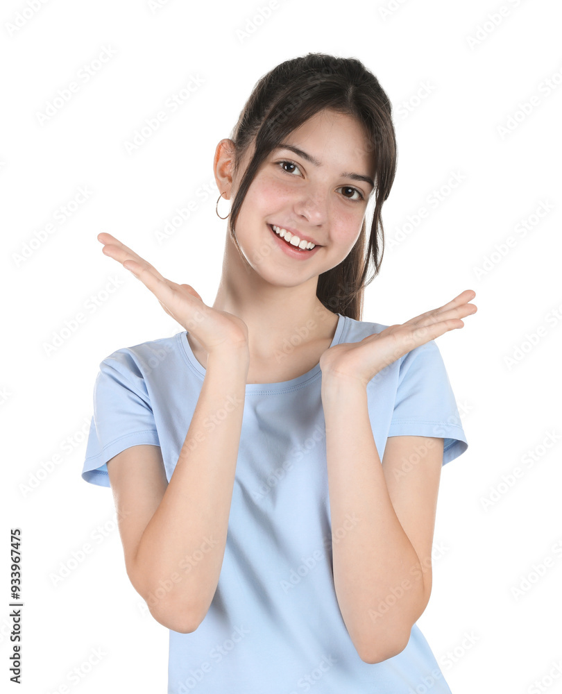 Portrait of smiling teenage girl on white background Portrait of smiling teenage girl on white background