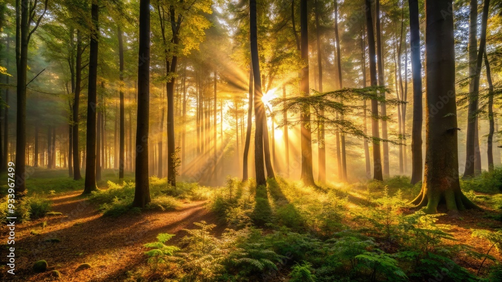 Obraz premium Warm golden light shining through dense foliage, casting dappled shadows on the forest floor, creating a serene and peaceful atmosphere in the misty morning.