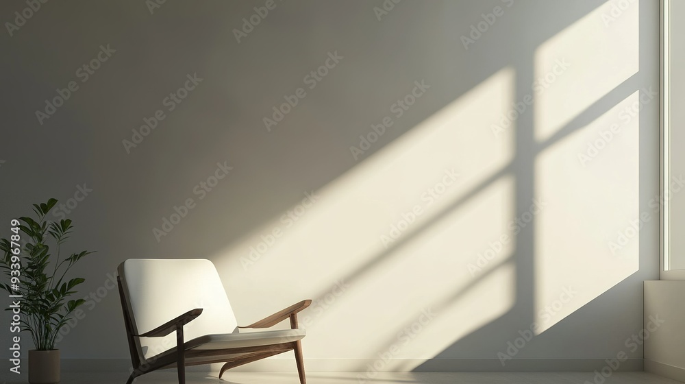 A serene, minimalist interior featuring a cozy chair and a potted plant illuminated by soft sunlight in a calm, bright living space A serene, minimalist interior featuring a cozy chair and a potted plant illuminated by soft sunlight in a calm, bright living space