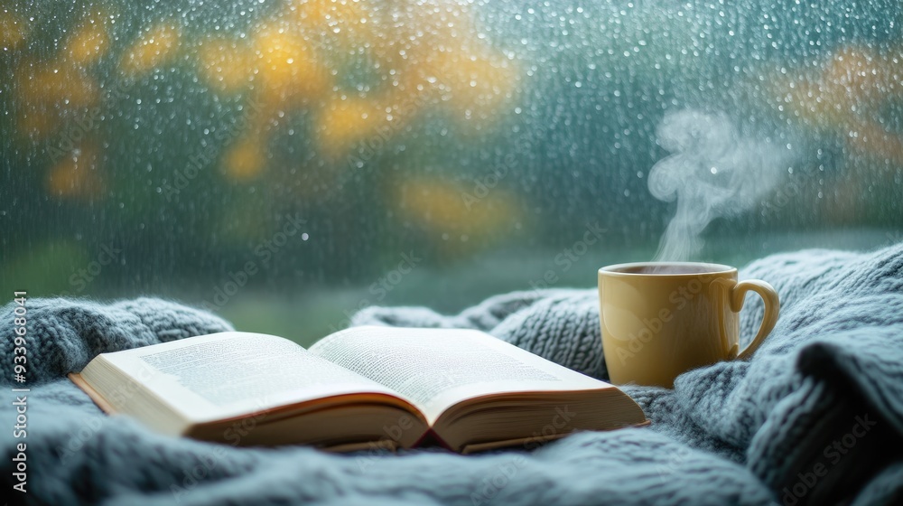 Cozy Book Haven with Steaming Tea and Soft Blanket Cozy Book Haven with Steaming Tea and Soft Blanket