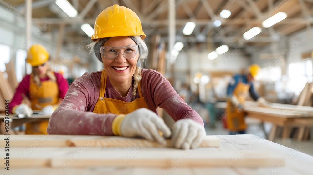 A woman smiling and measuring a wooden board in a carpentry workshop
A woman smiling and measuring a wooden board in a carpentry workshop