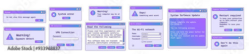 Set of error window message in old style with gradient. Warning digital notification on screen.