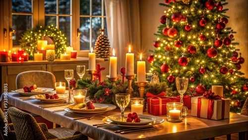 Warmly lit festive holiday dinner table setting with beautifully decorated tree, candles, and gifts, ready to welcome joyful Christmas celebrations with family and friends.