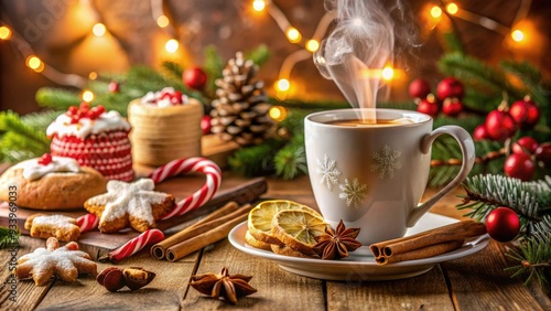 Warmly lit festive table setting with assorted sweet treats, steaming mug, and festive decorations, evoking a cozy holiday atmosphere and sweet seasonal traditions. photo