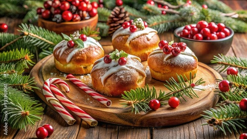 Warmly lit, freshly baked Christmas buns adorned with sugar canes and red berries sit on a wooden table amidst festive holiday decorations and greenery.