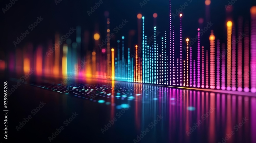 Blurred multicolored lights representing sound frequencies, neon-infused, ideal for an eighties-themed disco or techno party, Generative AI Blurred multicolored lights representing sound frequencies, neon-infused, ideal for an eighties-themed disco or techno party, Generative AI