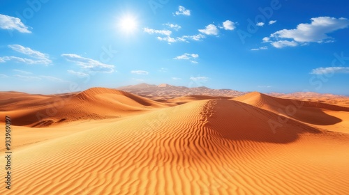 Desert Landscape with Rolling Sand Dunes Under a Bright Blue Sky