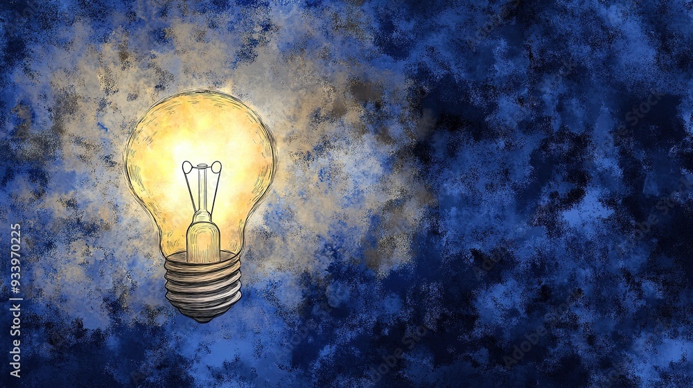 A glowing light bulb surrounded by a blue and gold abstract background during a creative brainstorming session evokes inspiration and innovation A glowing light bulb surrounded by a blue and gold abstract background during a creative brainstorming session evokes inspiration and innovation