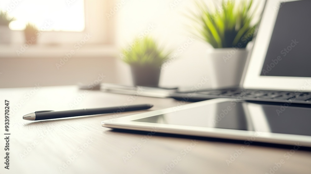 A modern workspace featuring a laptop, tablet, and pen with potted plants during a bright, sunny afternoon A modern workspace featuring a laptop, tablet, and pen with potted plants during a bright, sunny afternoon