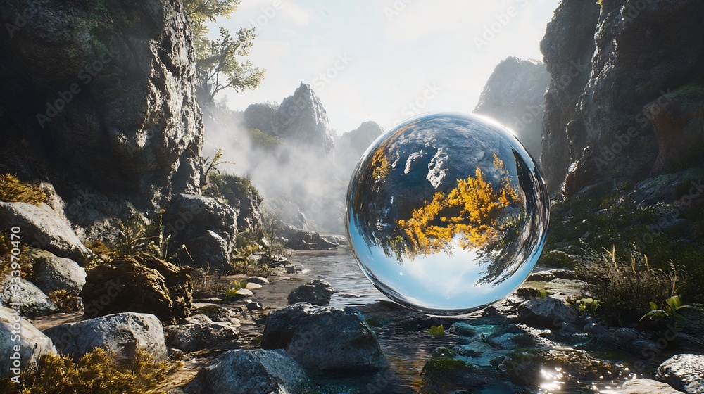 Crystal Sphere in a Misty Mountain Canyon Crystal Sphere in a Misty Mountain Canyon