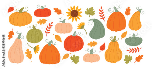 Pumpkins and autumn leaves set. Harvest festival. Flat style illustrations isolated on white background