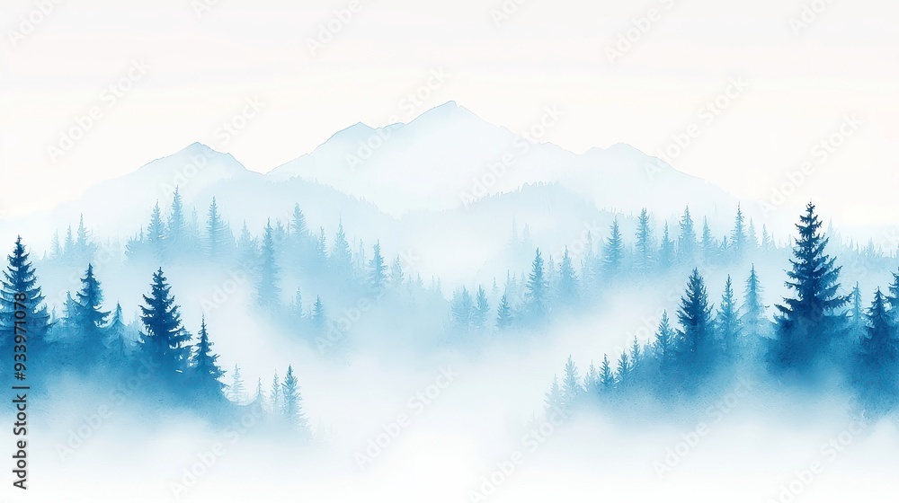 Fototapeta premium Blue Forest in Mist, a serene watercolor illustration featuring ethereal trees enveloped in soft fog, evoking tranquility and the beauty of nature's quiet moments.