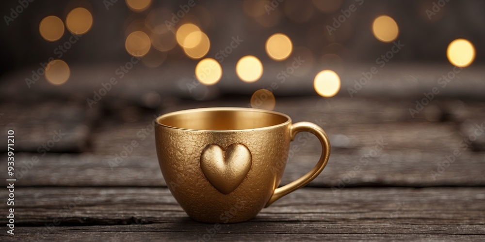 Obraz premium Heart shaped gold color coffee cup mug on old wooden table.