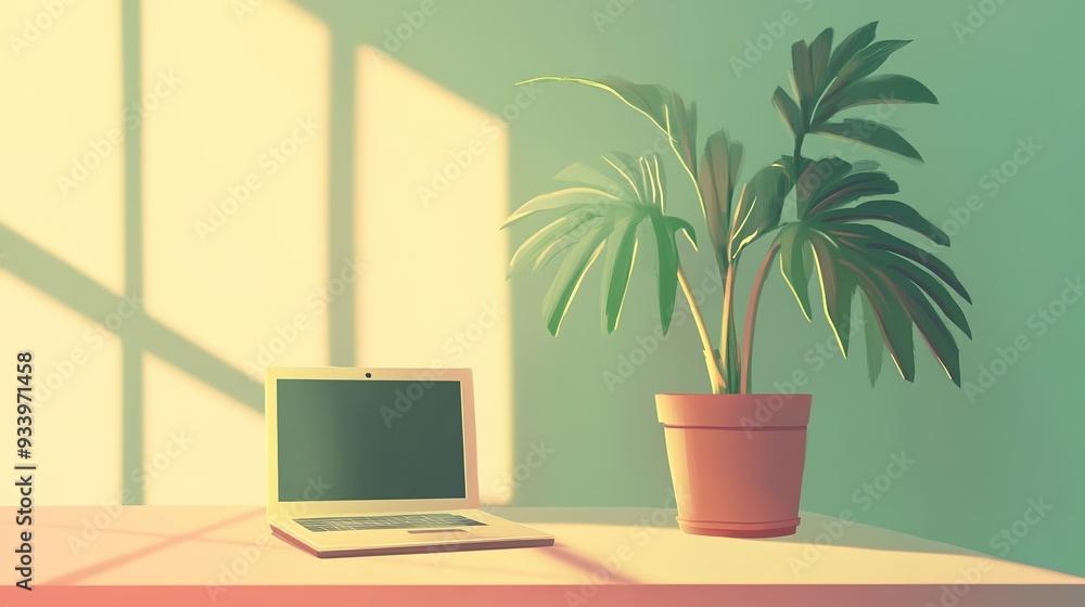 A cozy workspace with a laptop and a potted plant illuminated by warm afternoon sunlight in a tranquil room A cozy workspace with a laptop and a potted plant illuminated by warm afternoon sunlight in a tranquil room