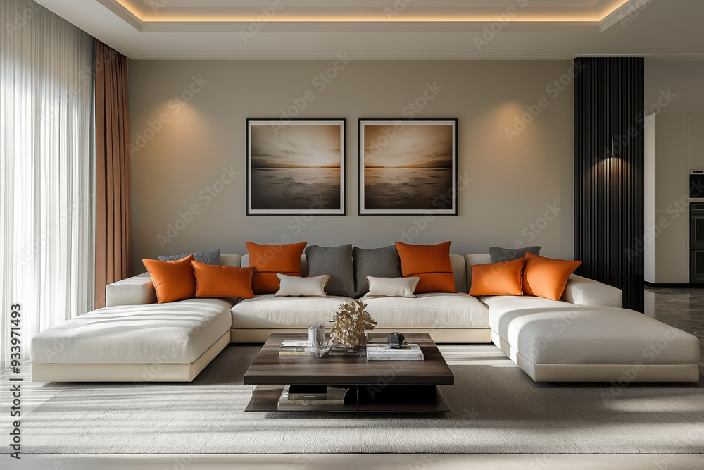 Chic modern living room with posters on the wall, contrasting walls and large windows providing ample natural light. Chic modern living room with posters on the wall, contrasting walls and large windows providing ample natural light.