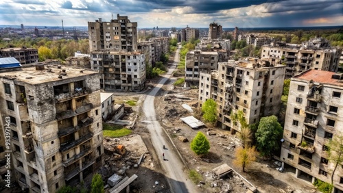 War-torn urban landscape in Eastern Ukraine's Donbas region, featuring damaged buildings, debris-filled streets, and a sense of desolation and devastation.