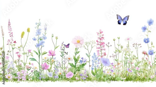 Fototapeta Naklejka Na Ścianę i Meble -  Colorful Wildflower Border, vibrant wildflowers and green foliage with a delicate butterfly, hand-painted watercolor design for summer-themed decor and stationery.