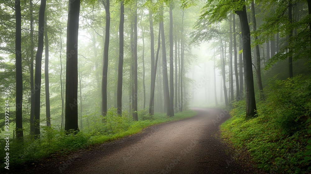 Naklejka premium A serene winding path through a misty forest on a calm morning, surrounded by tall trees and lush greenery inviting solitude and reflection
