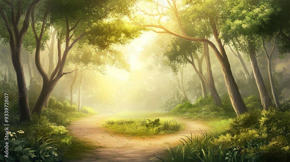 Naklejka premium Serene forest pathway illuminated by soft sunlight in a tranquil natural setting during mid-morning hours