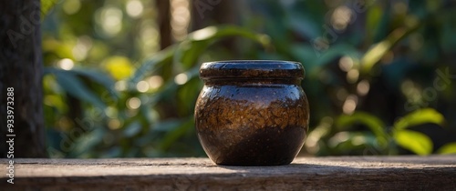 a danrk wood tanble in a canfe with an blurred banckground. photo